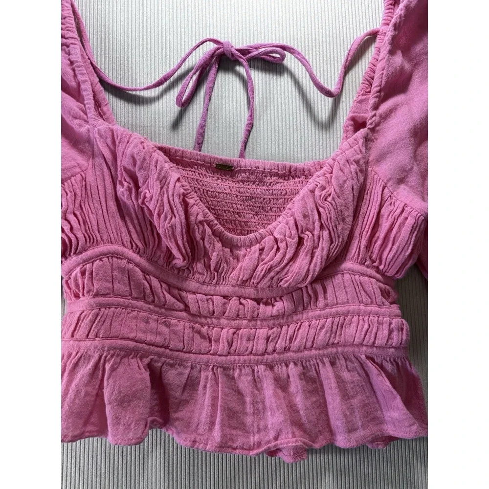 Free People Chloe Top Womens Size XS Pink Puff‎ Sleeve Coquette Smocked Milkmaid